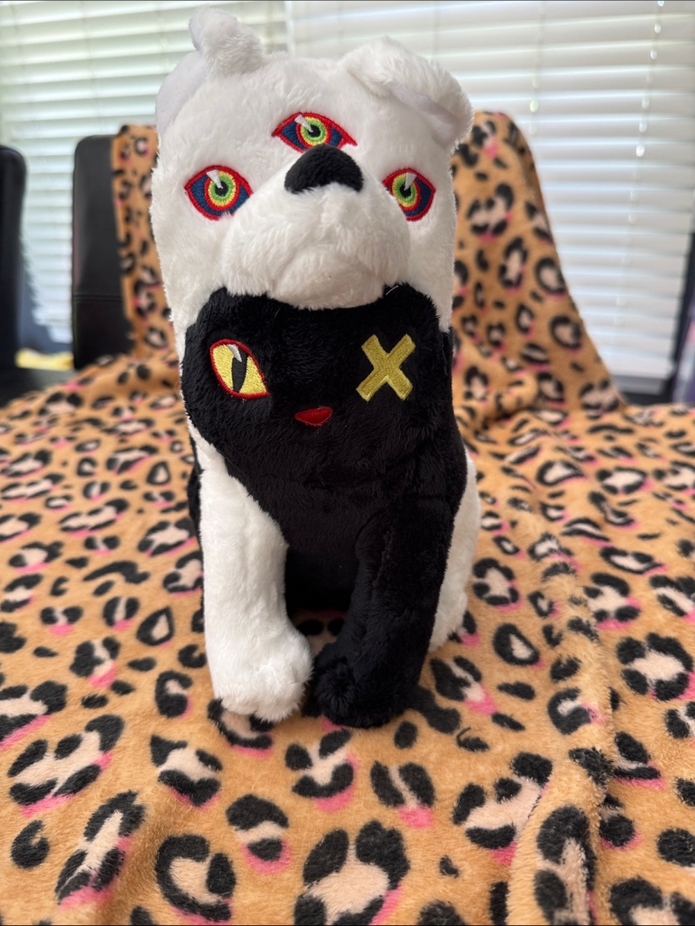 White and Black Plush Dog Toy with Embroidered Eyes - Unique Pet Plush